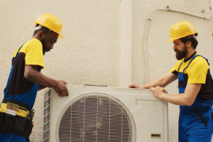 HVAC technicians replace a large external fan.