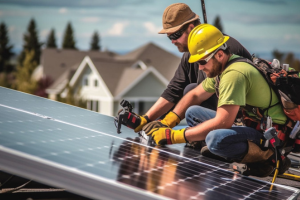 Workers fit solar panels to a Florida home