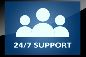 24/7 support sign with a blue background